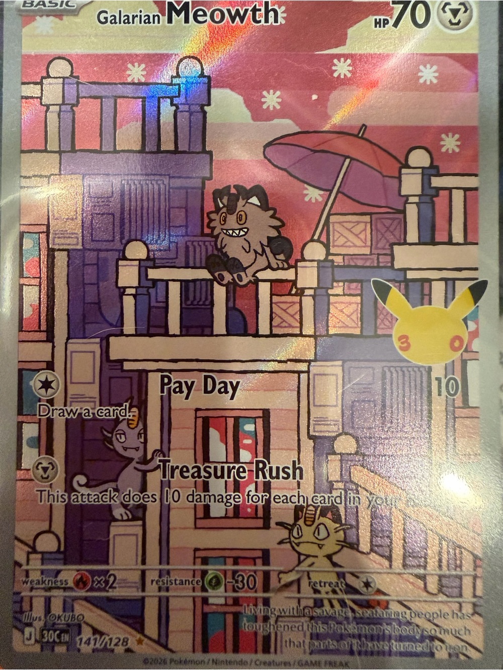 Galarian Meowth Holo Promo Card - Pink from The Pokemon 30th Anniversary